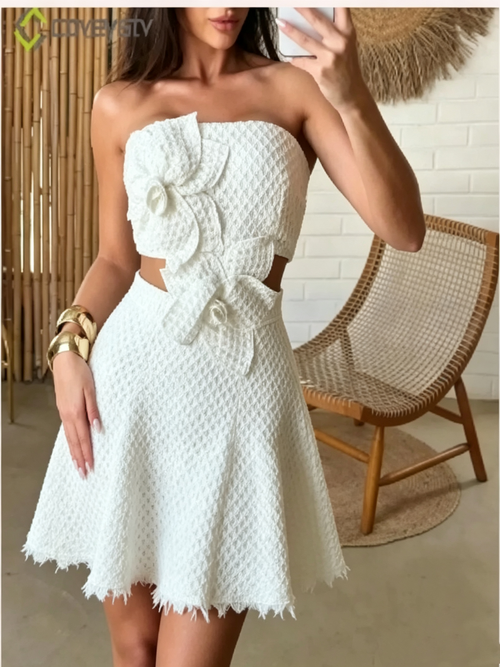 3D Flower Cutout Strapless Mini Dress