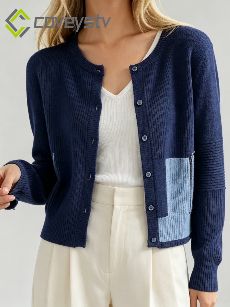 Single Breasted Chic Fashion Solid Long Sleeve Round Neck Autumn Winter Casual Cardigan