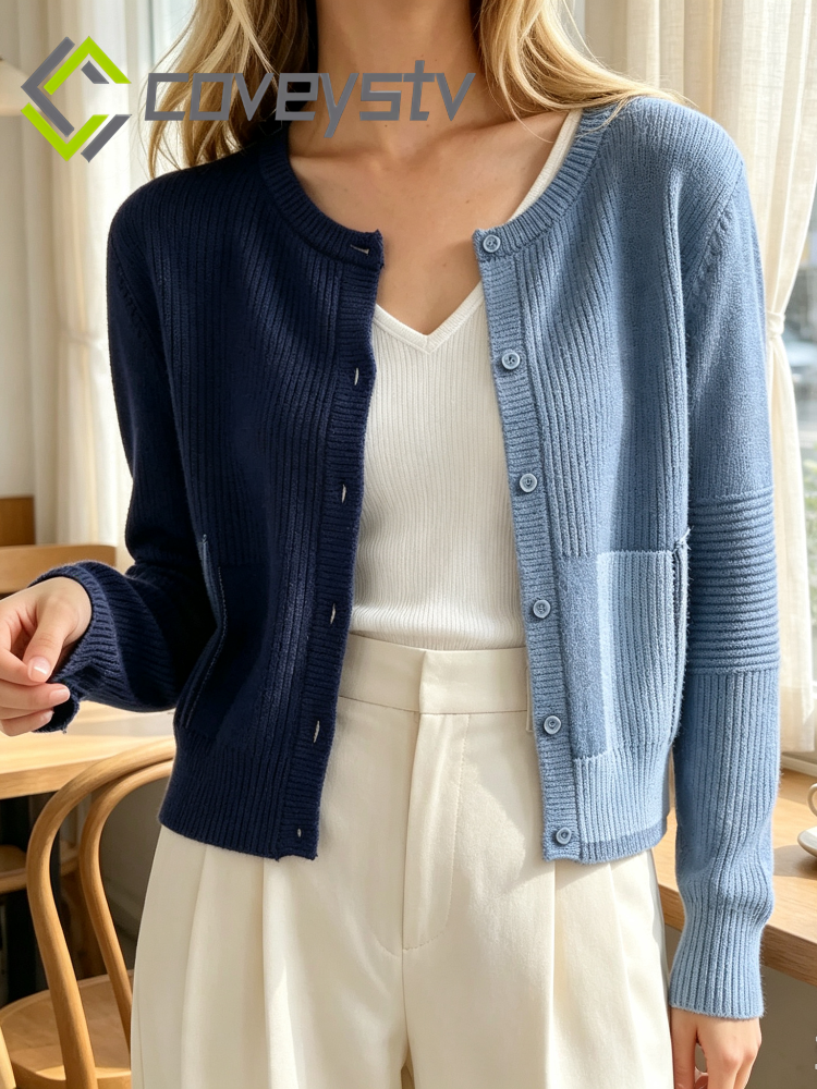 Single Breasted Chic Fashion Solid Long Sleeve Round Neck Autumn Winter Casual Cardigan