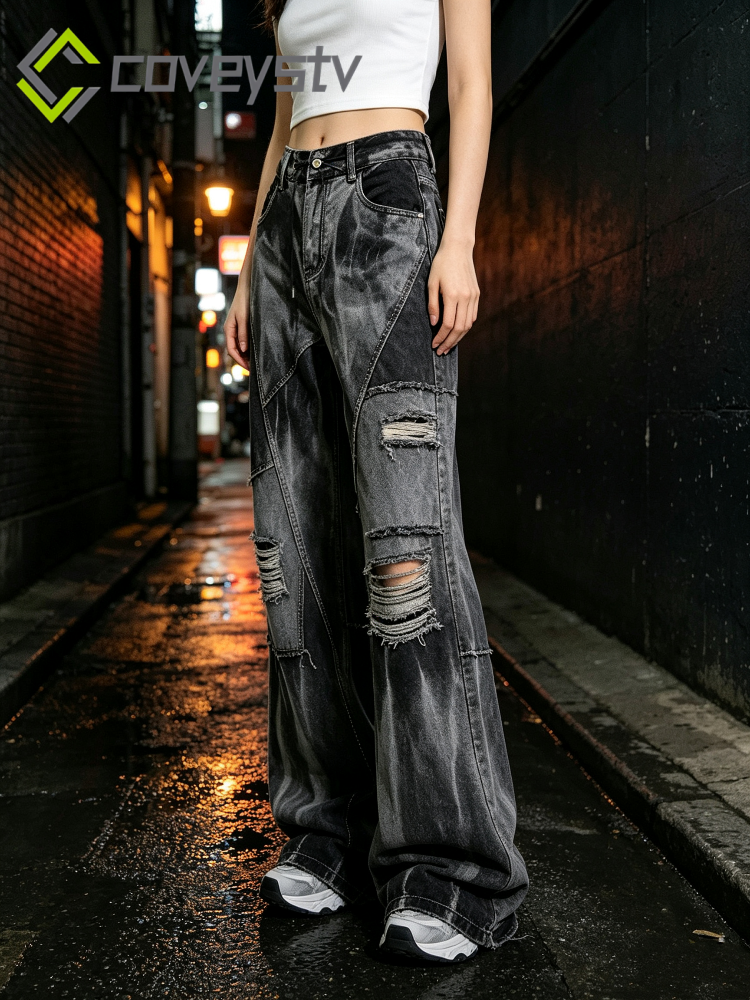 Black Tie-dye Wide-leg Jeans