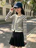 Fashion White Black Striped Knitted Female Winter Short Long Sleeve Cardigan