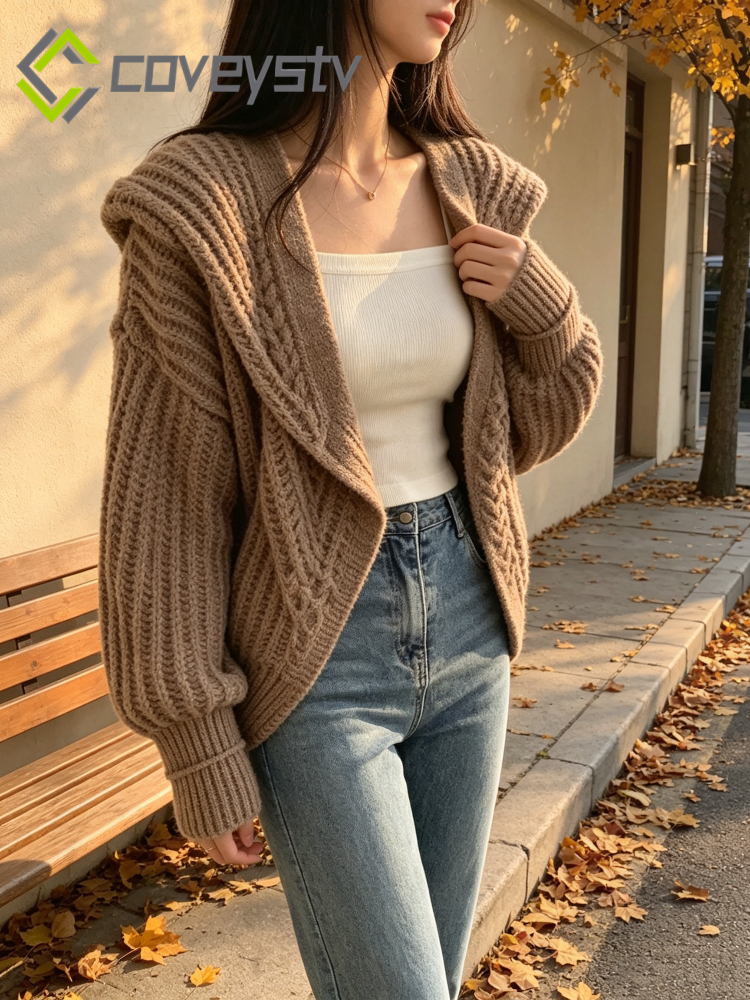 V-Neck Oversized Casual Solid Long Sleeve Lazy Elegant Holiday Y2K Streetwear Cardigan