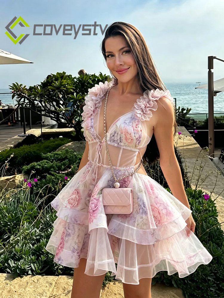 3D Floral Halter Layered V Neck Mini Dress