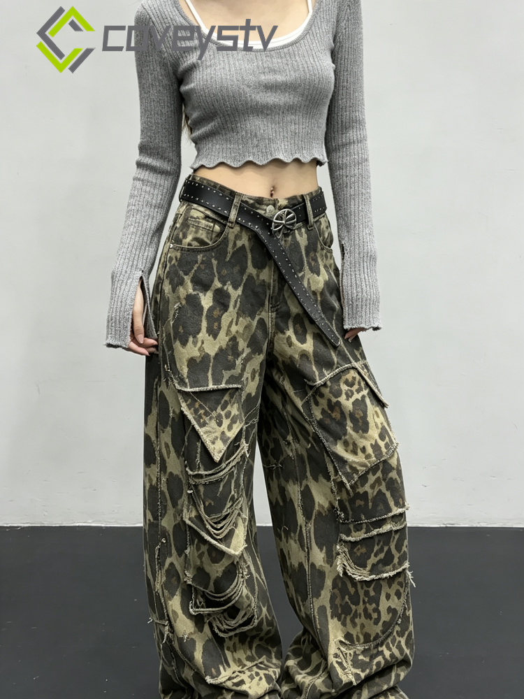 Leopard Ripped Wide Leg Jeans