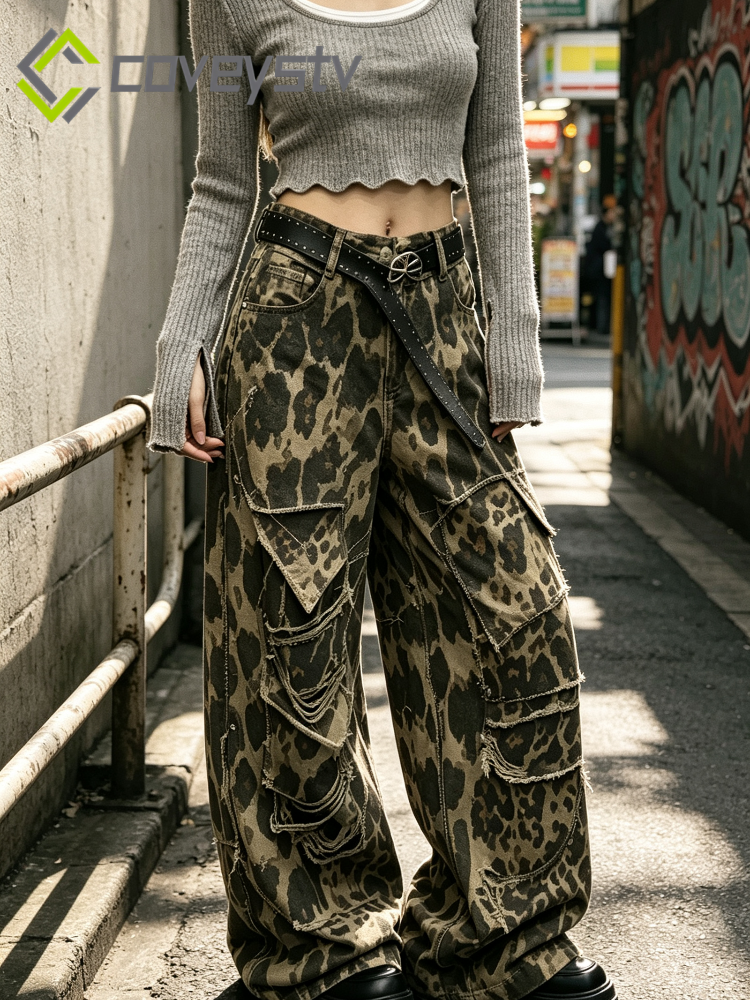 Leopard Ripped Wide Leg Jeans