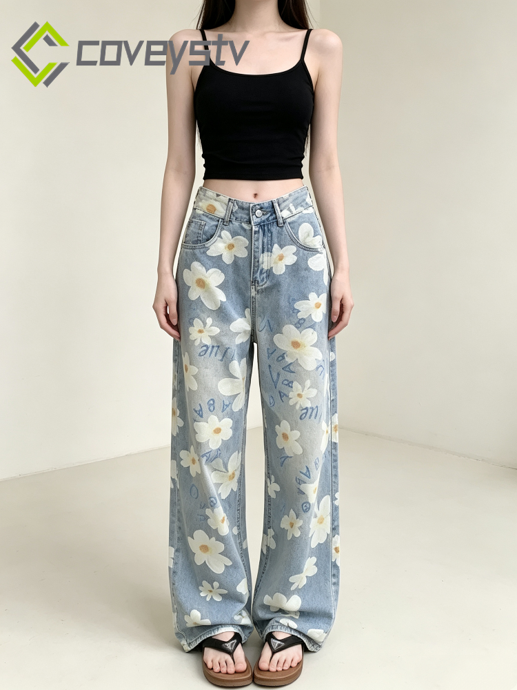 Washed Floral Print Baggy Jeans