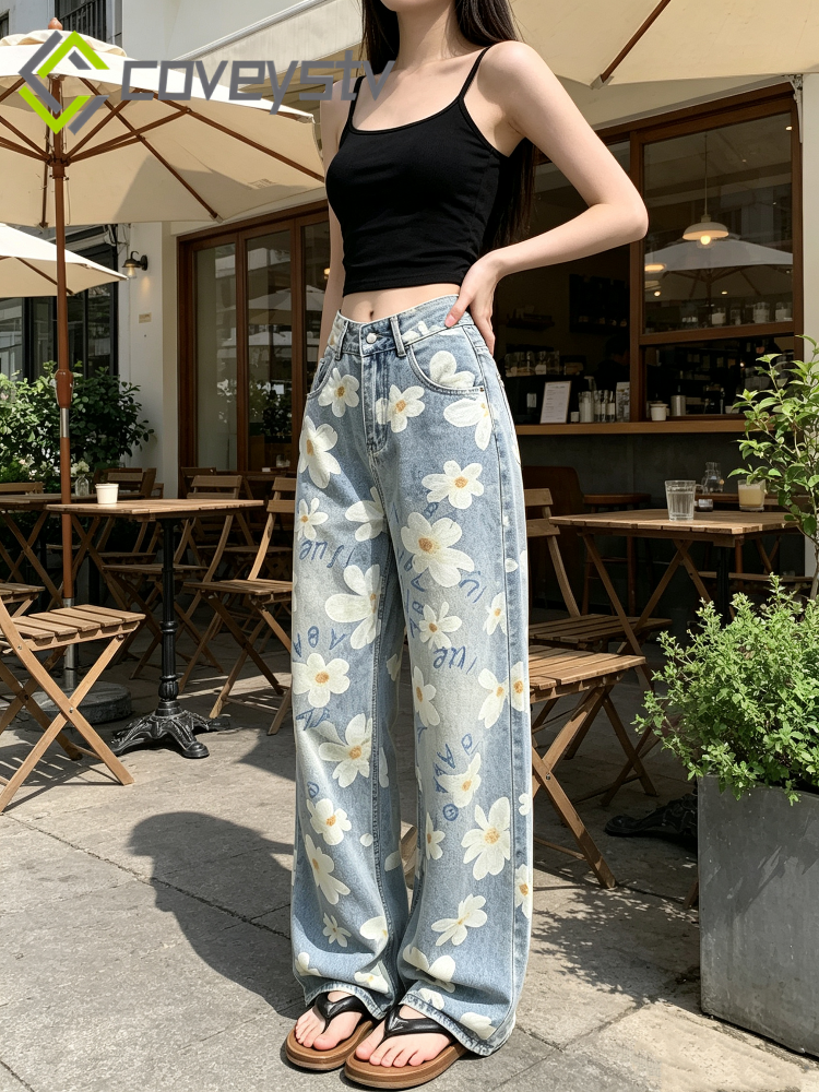 Washed Floral Print Baggy Jeans