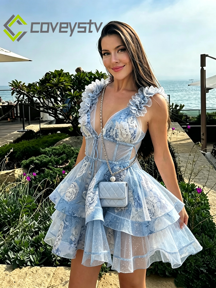 3D Floral Halter Layered V Neck Mini Dress