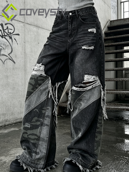 Camouflage Patchwork Baggy Wide-Leg Jeans