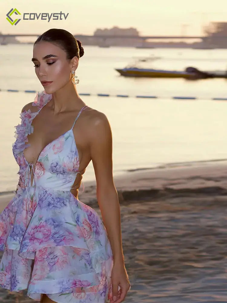 3D Floral Halter Layered V Neck Mini Dress