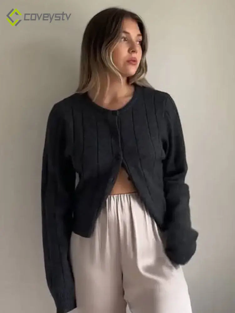 Casual Knit Long Sleeve Loose High Waist Solid Fashion Female Summer Cardigan - Black / S