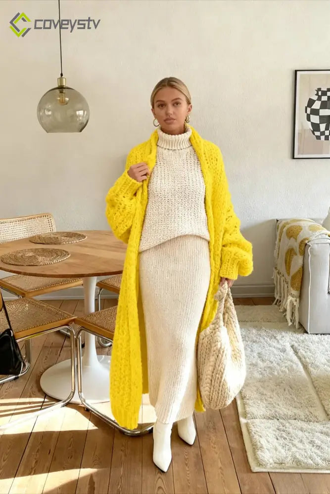 Chunky Knit Openwork Cardigan - Yellow / S