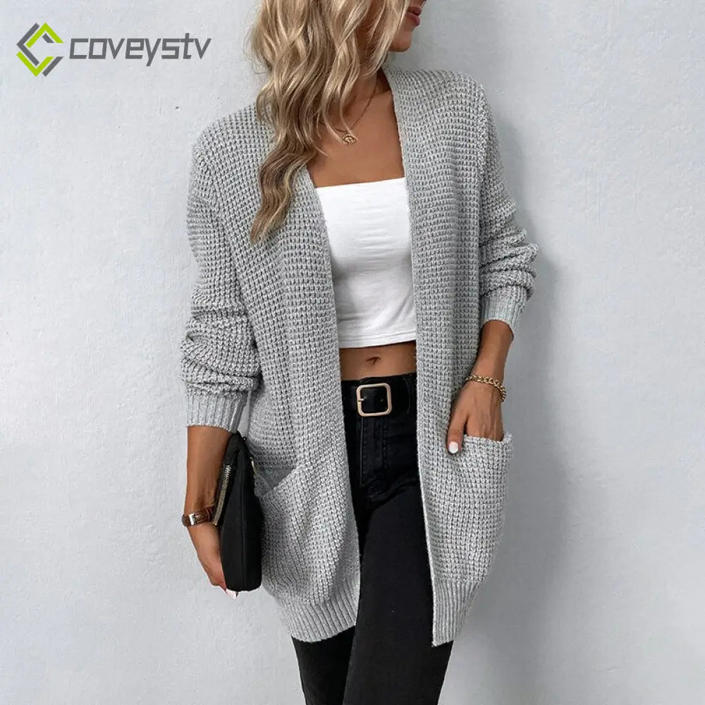 Color Pockets Long Cardigan - Gray / S