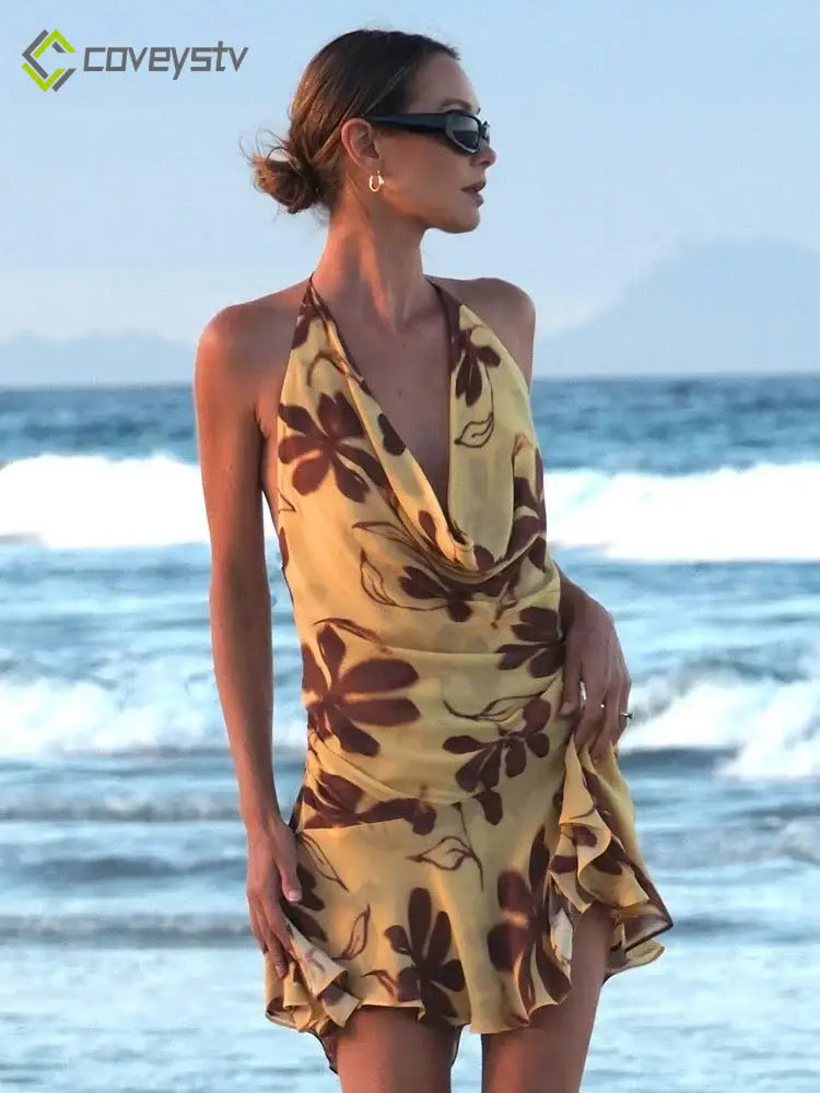 Contrast Print Lace-Up V Neck Mini Dress