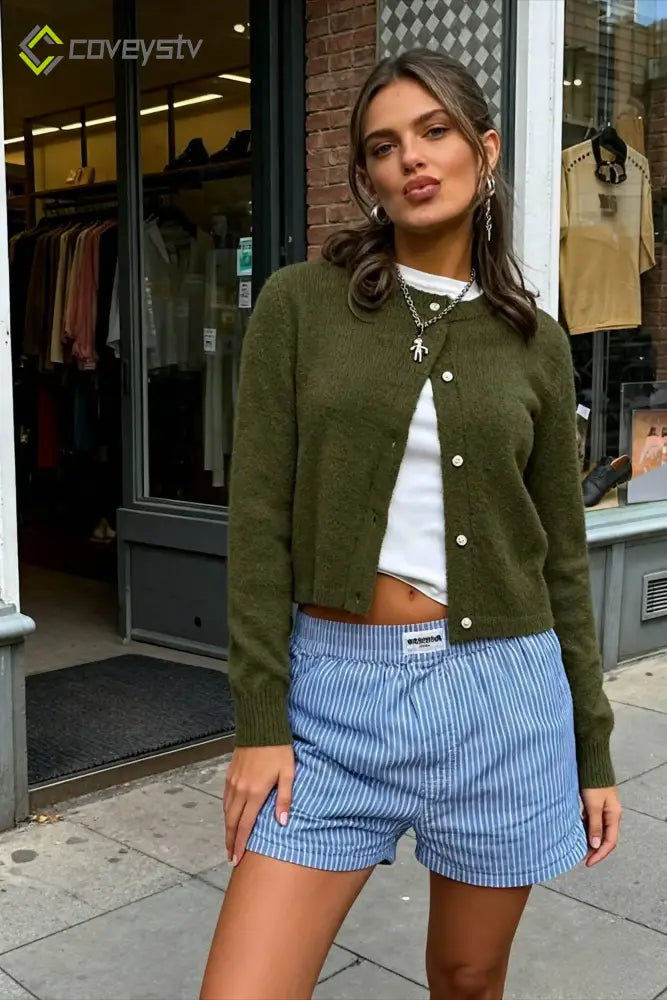 Cropped Knit Button Cardigan - Military green / S