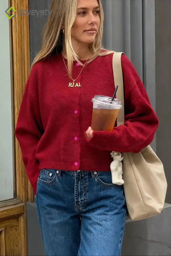 Cropped Knit Button Cardigan - Wine red / S