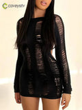 Cutout Knit Long Sleeve Wrap Mini Dress - black / S