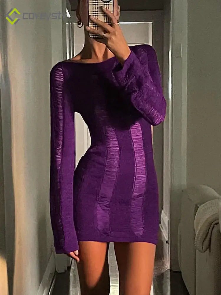 Cutout Knit Long Sleeve Wrap Mini Dress - purple / S