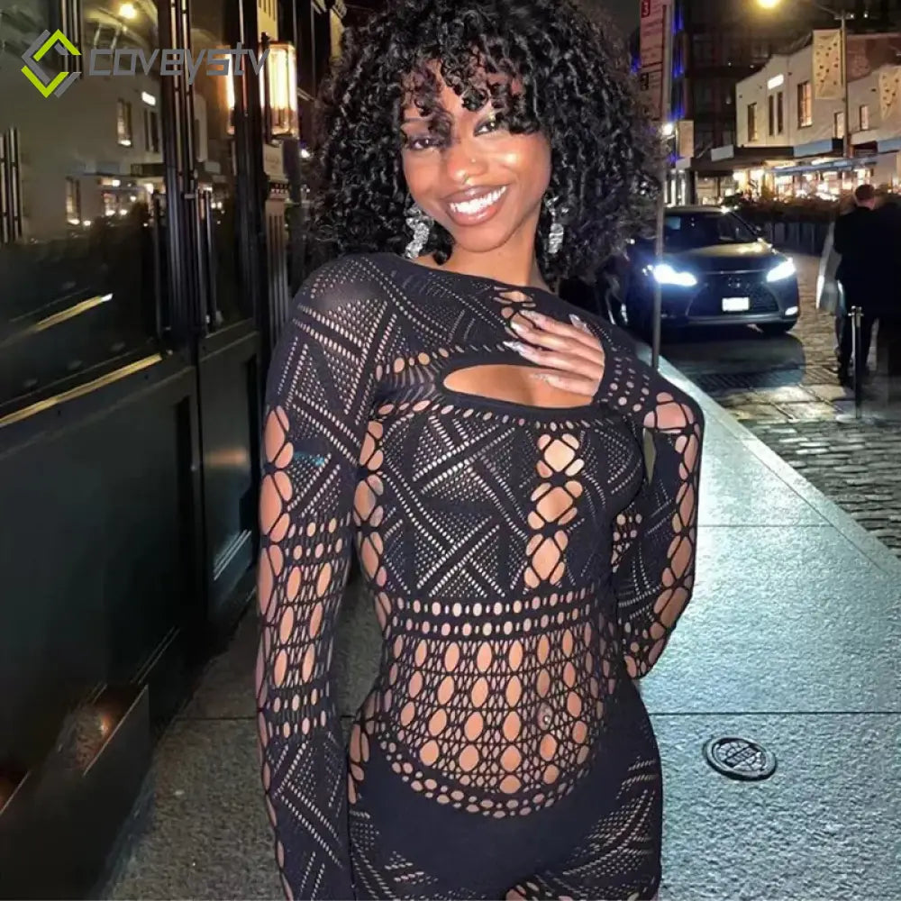 Deep V Lace Tight Hollow Party Mini Dress - Black / One Size