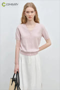 French Knit V-Neck Short Sleeve Cardigan - Pink / S