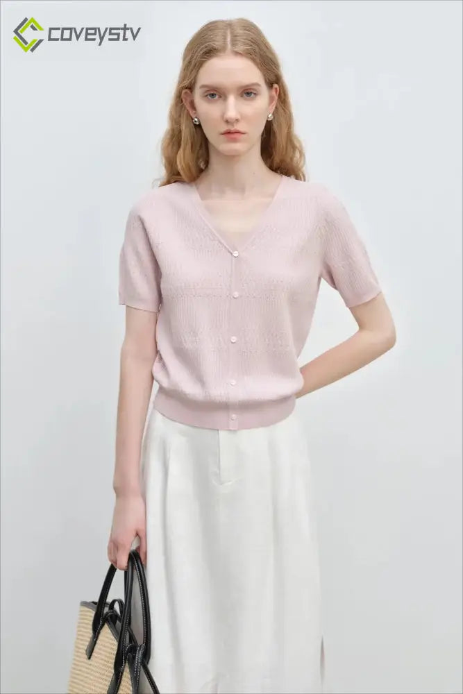 French Knit V-Neck Short Sleeve Cardigan - Pink / S