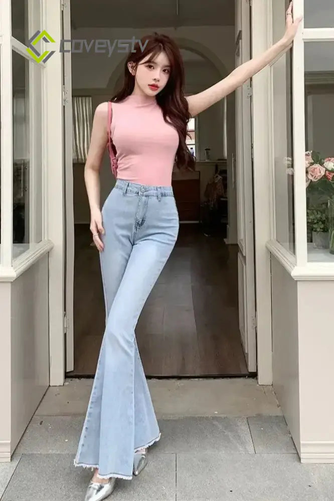 High Waist Butterfly Knot Flare Jeans - Light Blue / M