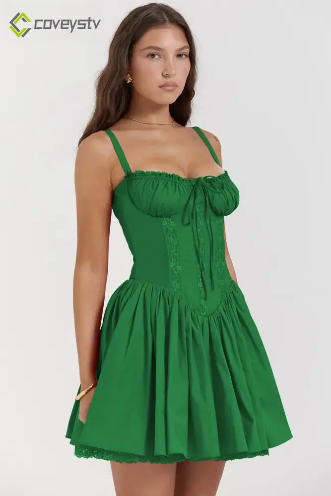 Lace A-Line Spaghetti Strap Mini Dress - Green / S