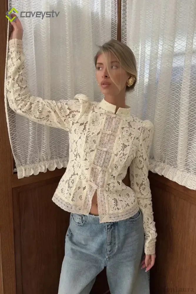 Lace Hollow See-Through Cardigan - Apricot / S