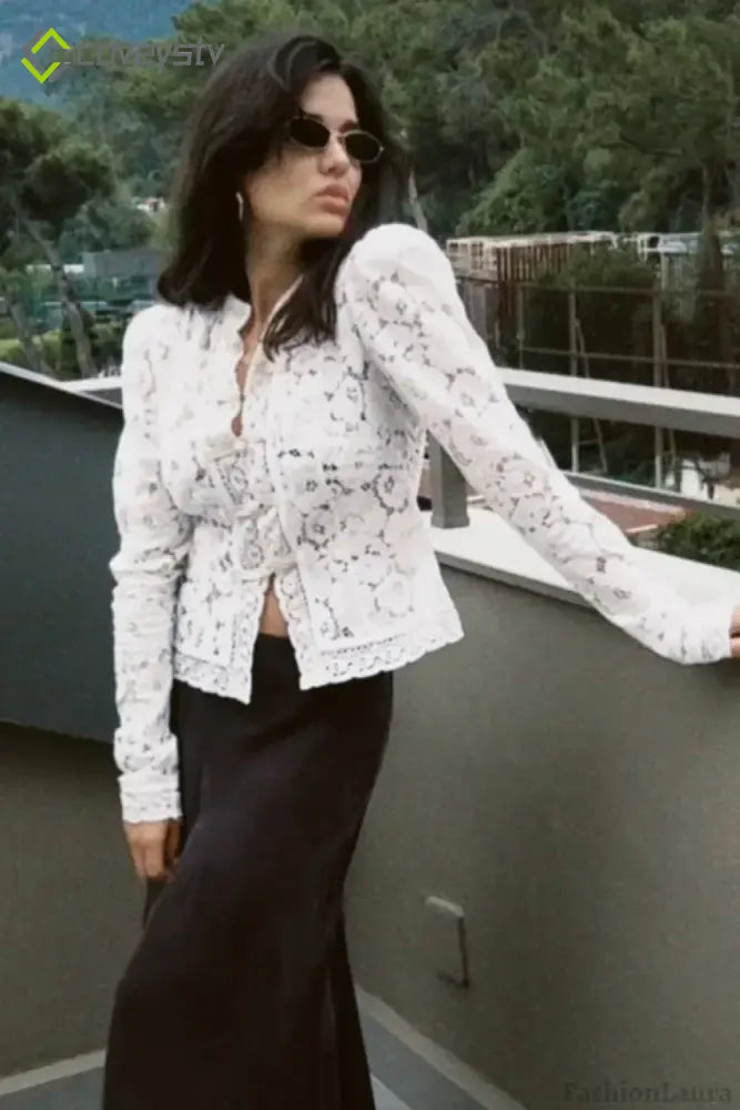 Lace Hollow See-Through Cardigan - White / S