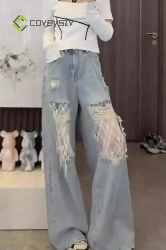 Lace Panel High Waist Wide Leg Jeans