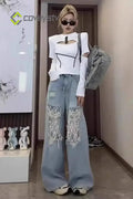 Lace Panel High Waist Wide Leg Jeans - Blue / M