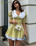 Lace Patchwork Doll Collar Mini Dress - Yellow / S