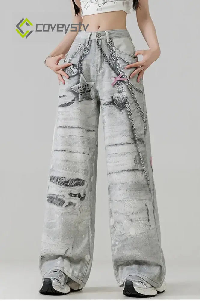 Metal Love Chain Straight Leg Jeans