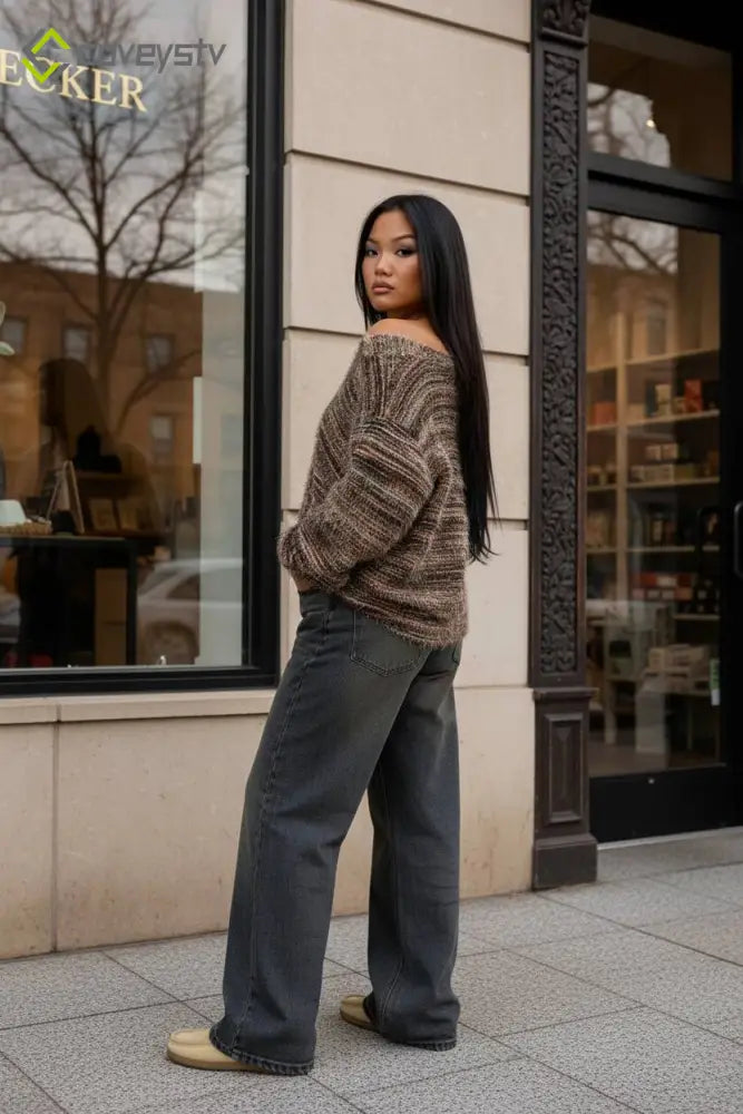 New Retro Fashion Deep V-Neck Maillard Plush Long-Sleeve Knit Cardigan