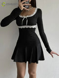 Patchwork Lace Square Neck Mini Dress - Black / S