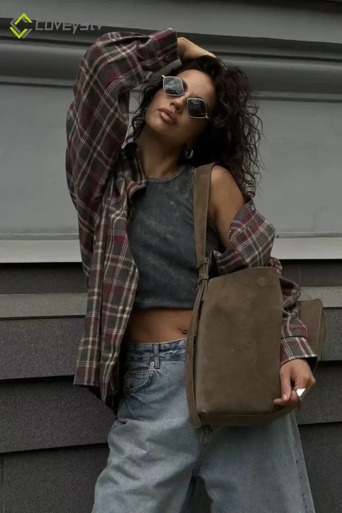 Retro Plaid Collared Blouse - Brown / S