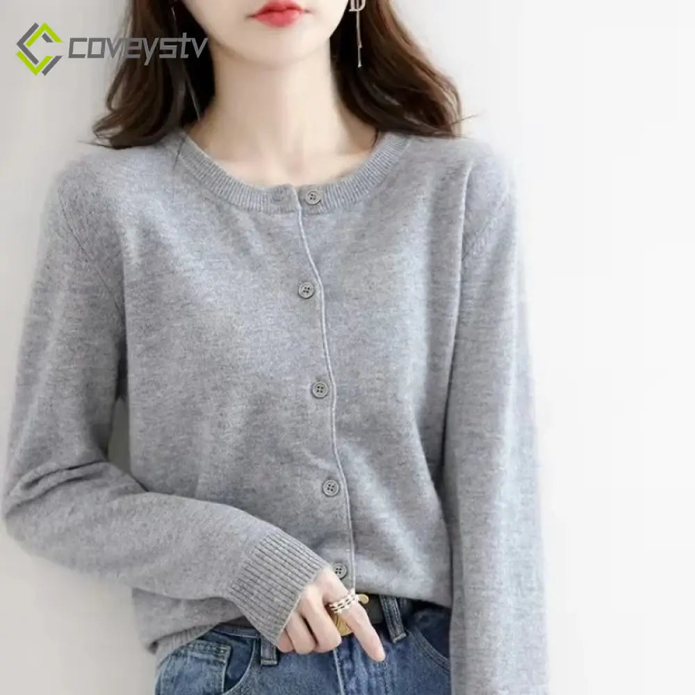 Single Breasted Chic Fashion Solid Long Sleeve Round Neck Autumn Winter Casual Cardigan - GRAY / S