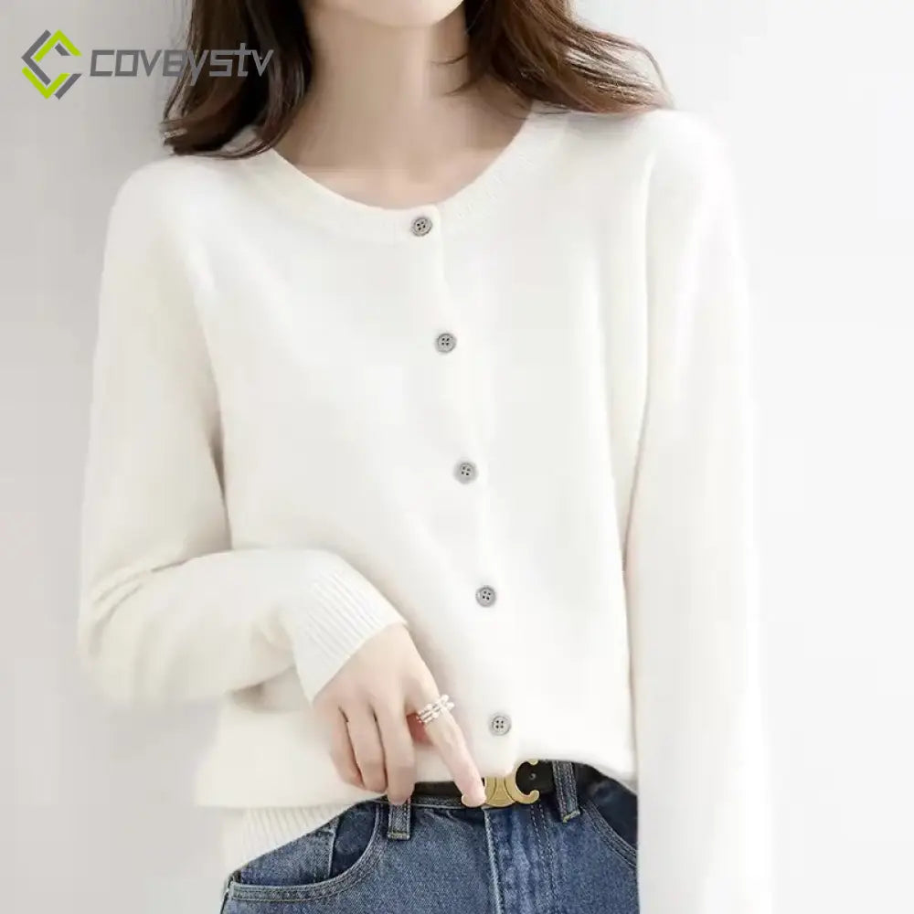 Single Breasted Chic Fashion Solid Long Sleeve Round Neck Autumn Winter Casual Cardigan - WHITE / S
