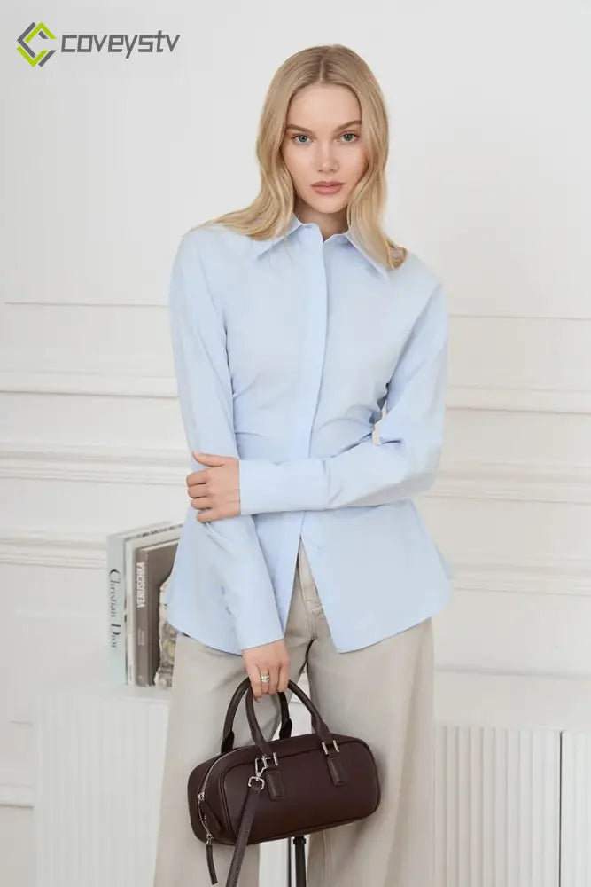 Slim Fit Ruched Waist Blouse - Blue / S