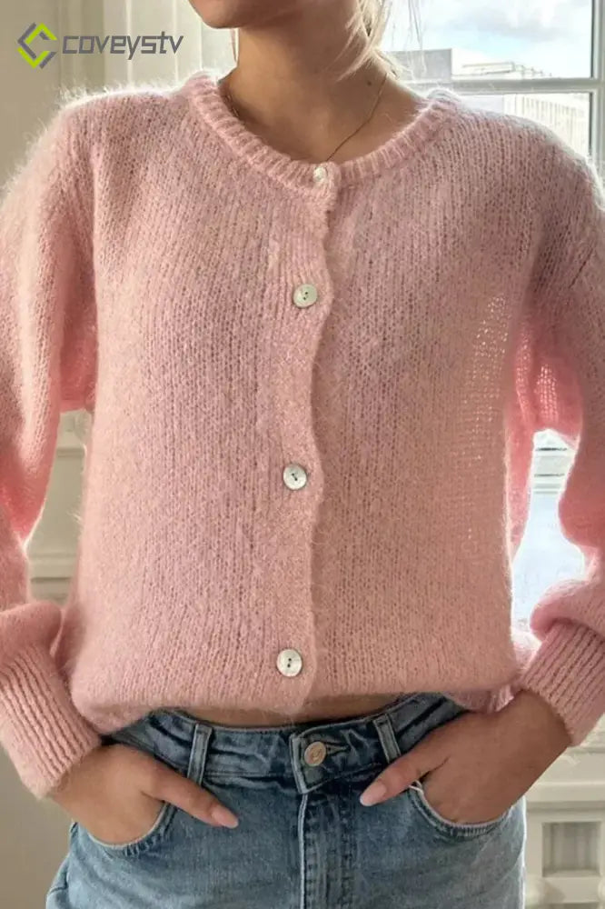 Soft Loose Knit O-Neck Cardigan - Pink / One size