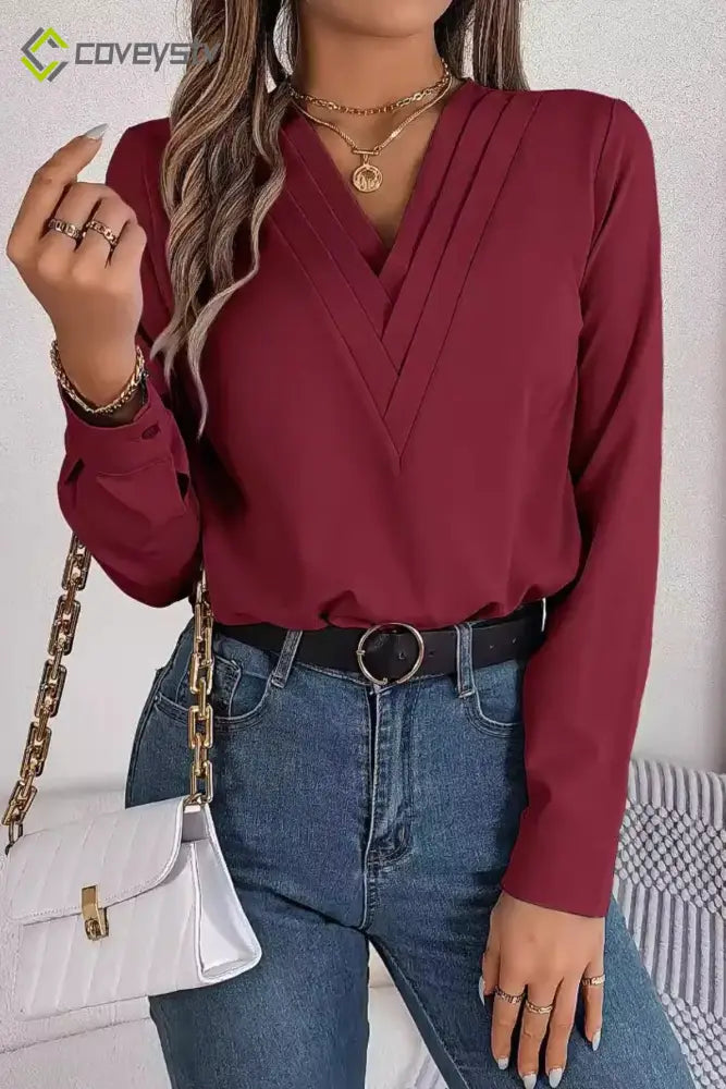 Solid Color Layered V Neck Elegant Long Sleeve Blouse - Burgundy / S