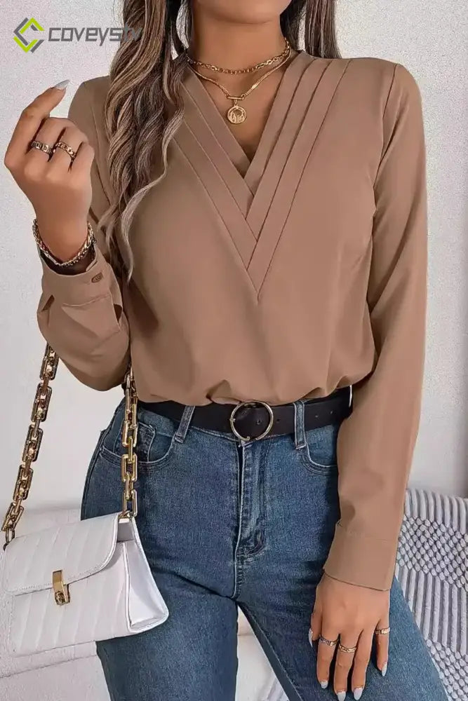 Solid Color Layered V Neck Elegant Long Sleeve Blouse - Khaki / S