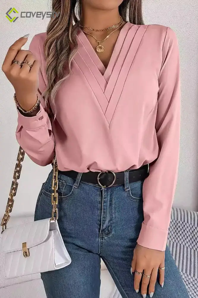 Solid Color Layered V Neck Elegant Long Sleeve Blouse - Pink / S
