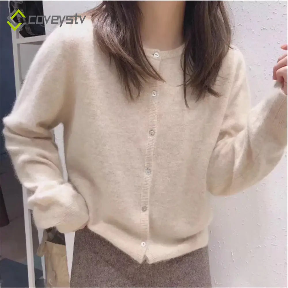Solid Knit Single Breasted Long Sleeve Loose Autumn Spring Casual Elegant Cardigan - Beige / One Size