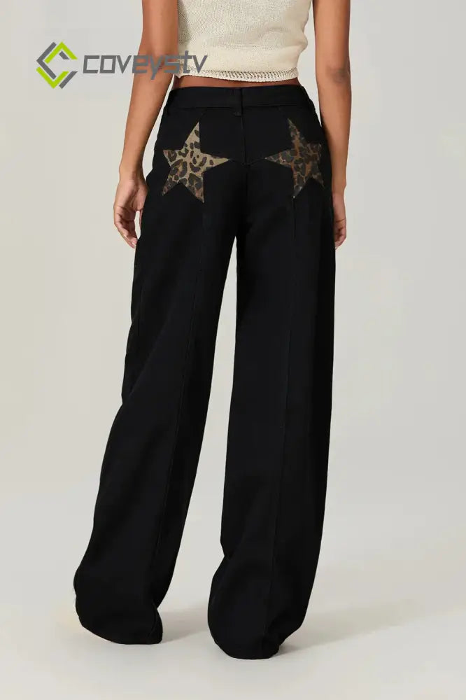 Star Print Loose Wide Leg Jeans - Black / S