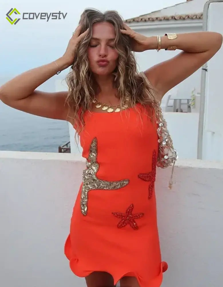 Starfish Sequin Slim Sling Mini Dress - Orange / S
