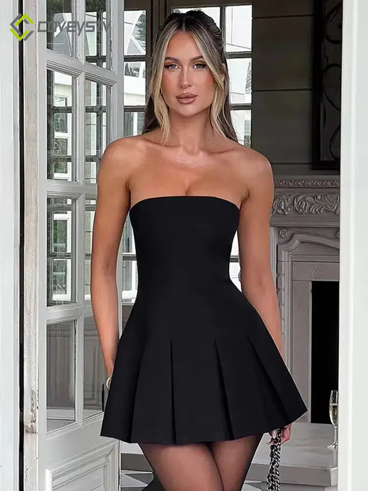 Strapless Bow Ruffle Elegant Gothic Mini Dress - black / XS