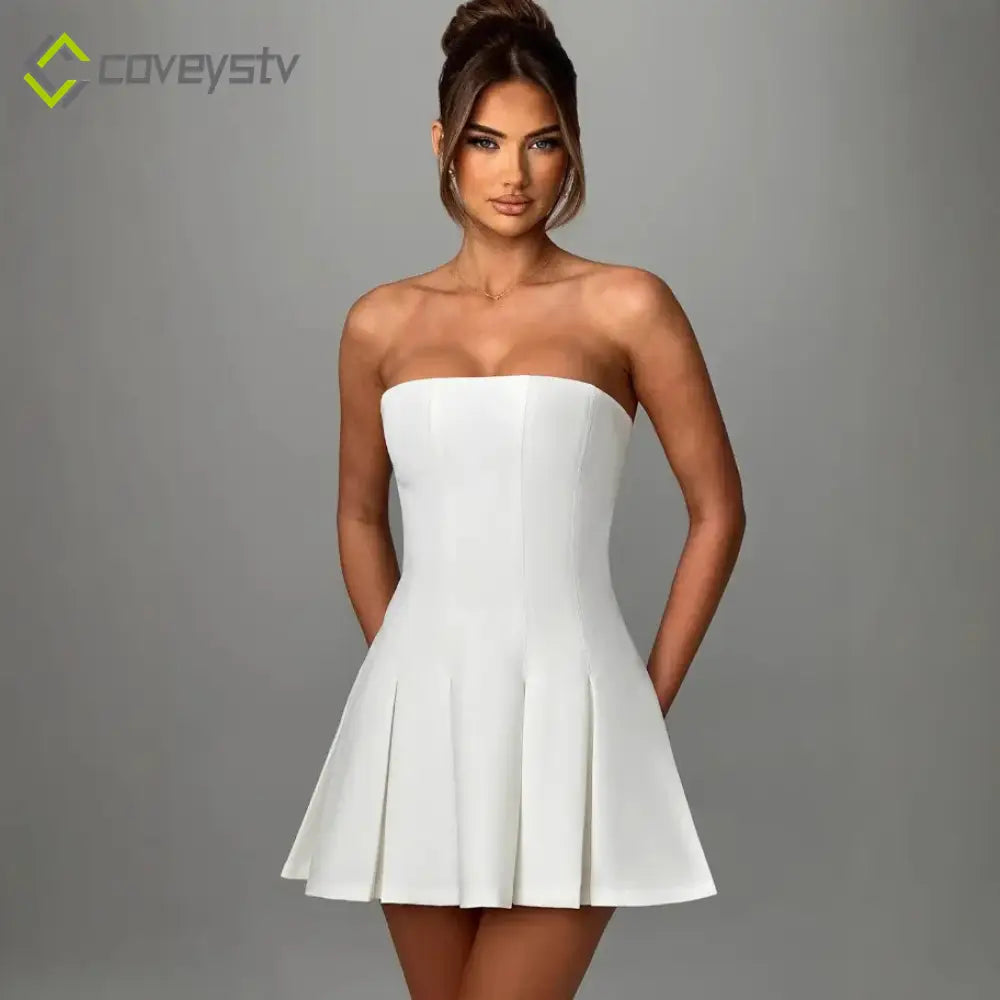 Strapless Bow Ruffle Elegant Gothic Mini Dress - white / XS