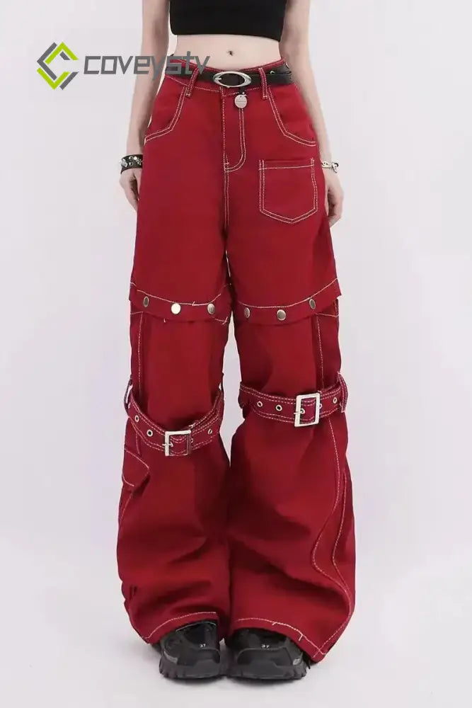 Streetwear Detachable Wide Leg Jeans - Red / S