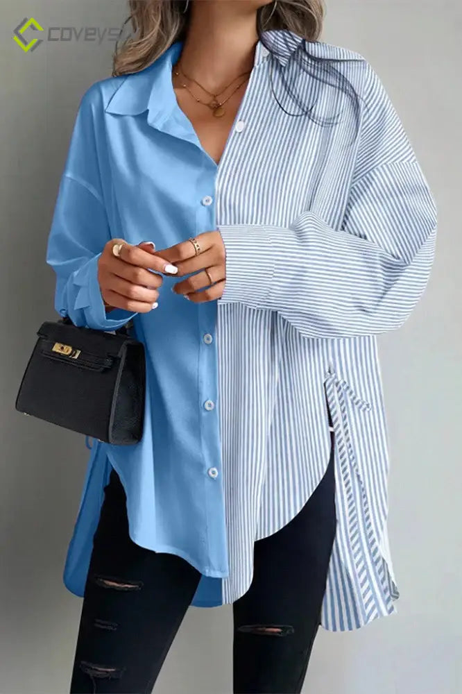 Striped Plus Size Asymmetric Panel Side Tie Button Blouse - Blue / XL